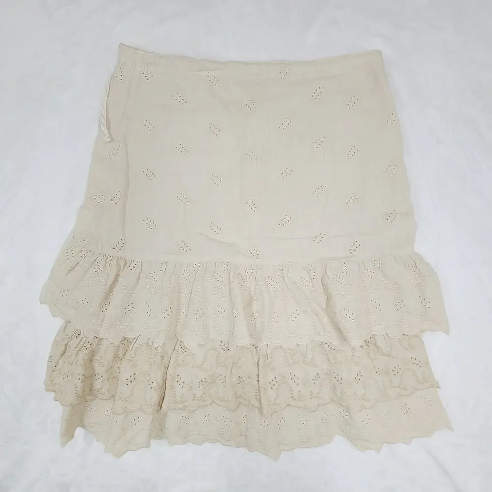 Vintage Eyelet Cotton Skirt Italy 42 Cream Lace Cottagecore Romantic Boho - Picture 2 of 16